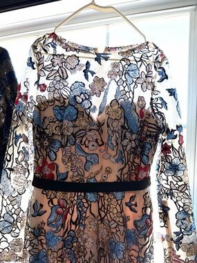 Embroidered Long Sleeve Floral Dress - Black & Blue Accents